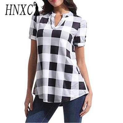 Women's Fashion Casual Summer Plaid Print Short Sleeve V-Neck Blouses & Shirts