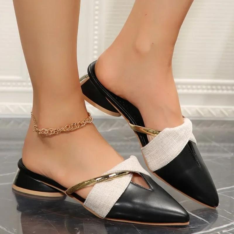 Fashion Sharp Pointed Sandals for Women 2025 New Summer Style Thick Heel Baotou Korean Version Low Heel Cool Slippers for Women