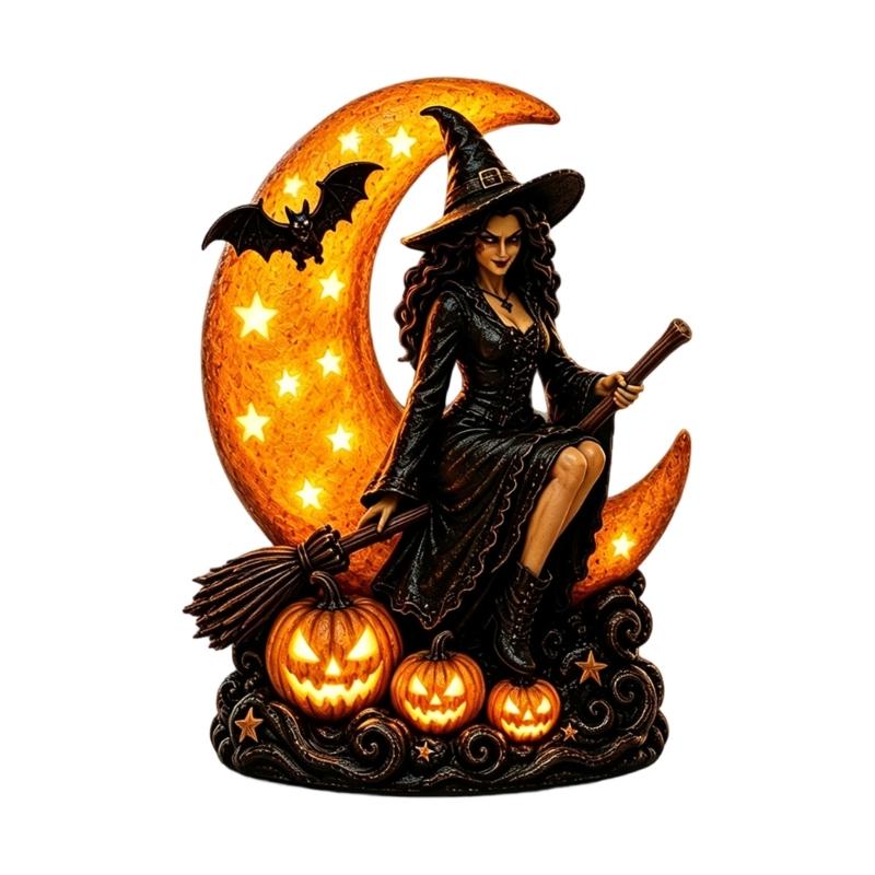 Halloween Moon Figure Lamp Resin Seasonal Accent with Soft Light, Freestanding Shelf Display for Entryway Table Fall Styling for