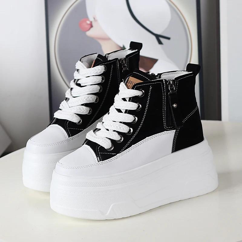 Fashion 12CM Genuine Leather PU Splice Spring Autumn Ankle Boots Women Platform Cushioned Wedge High Brand Chunky Sneakers Fashion Shoes
