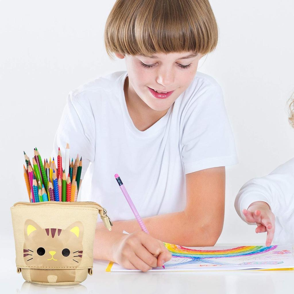 Zonon 4 Pieces Standing Pencil Case Cat Print Telescopic Pencil Case Telescopic Pencil Pouch Holder Canvas PU Cartoon Organizer Portable Pencil Bag