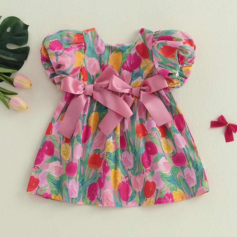 Baby Girl Floral Dress Summer Short Sleeve Square Neck Bow Front Floral Print Loose Dress Toddler Casual Dress