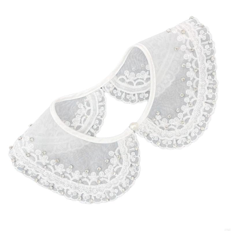 49ME Stylish Rhinestones Embellished Faux Collar for Women Blouse Multipurpose Shirt Accessory Lace Trim Organza False Collar