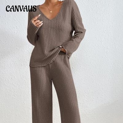 Autumn and Winter Women's Knitted Pit Stripe Milled Long Sleeve Suit V-Neck Loose Casual Pant Suit