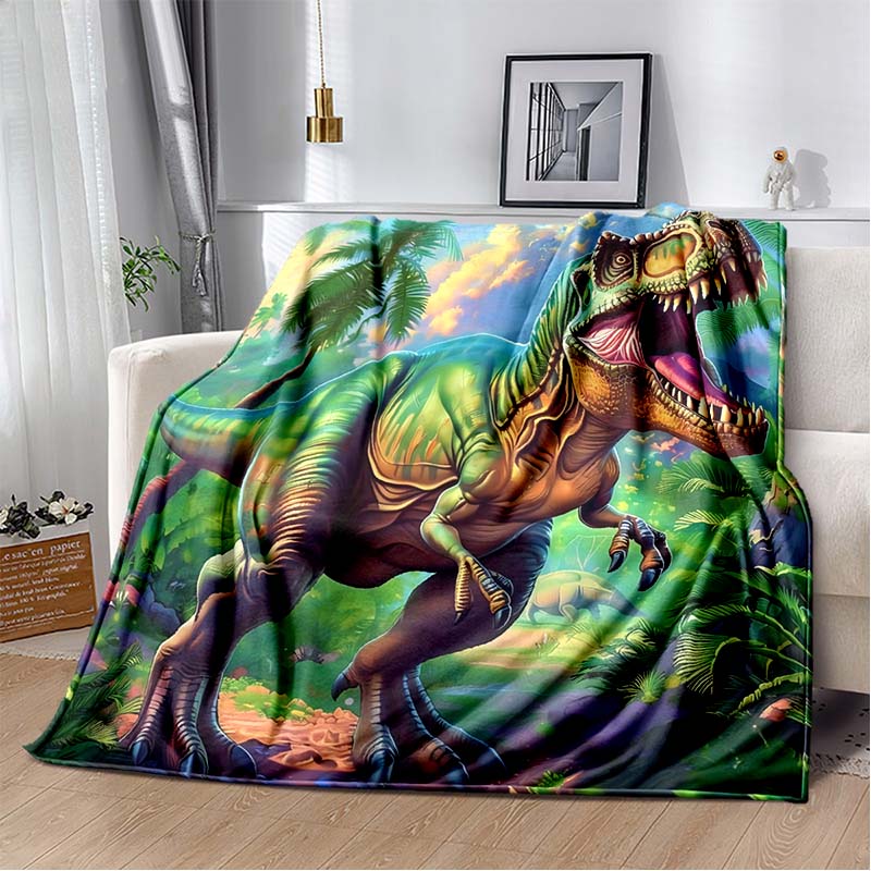 Fire T-Rex Dinosaur Print Flannel Blanket, Kids Prehistoric Throw Blanket