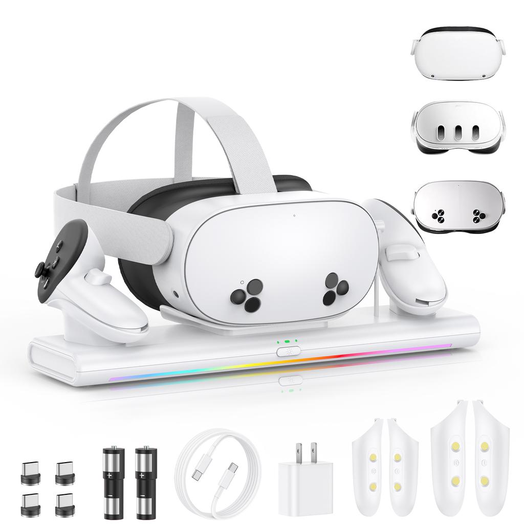 Nabíjecí dok pro Meta Quest 3S/Quest 3/Quest 2, magnetická nabíjecí stanice pro VR sluchátka a ovladač, s 2 dobíjecími bateriemi 1800 mAh