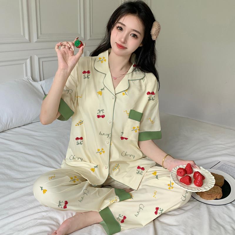 Imitation cotton pajamas women's summer new fashion casual cardigan short-sleeved trousers large size autumn loungewear