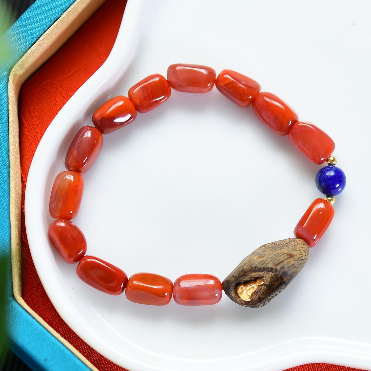 Nanhong Agate, Lapis Lazuli, Agarwood & 925 Silver Buddha Bracelet 7mm