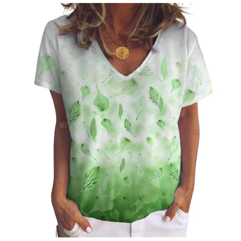 Summer V-neck 3D Gradient Leaf Printed Top Fashionable Casual Short Sleeved Women's T-shirts