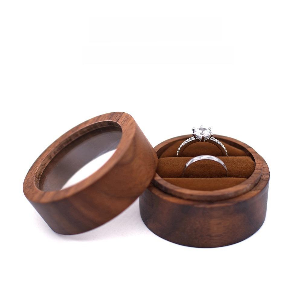 New Wooden Round Ring Box Transparent Cover Portable Engagement Ring Case Brown Ring Display Boxs Valentine's Day