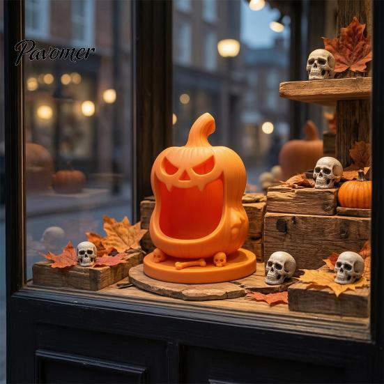 Festive Holiday Home Furnishings Halloween Pumpkin Candy Bowl, 3D Printed Storage Box with Skull Bone Decorative Base, Portable Trick or Treat Jewelry