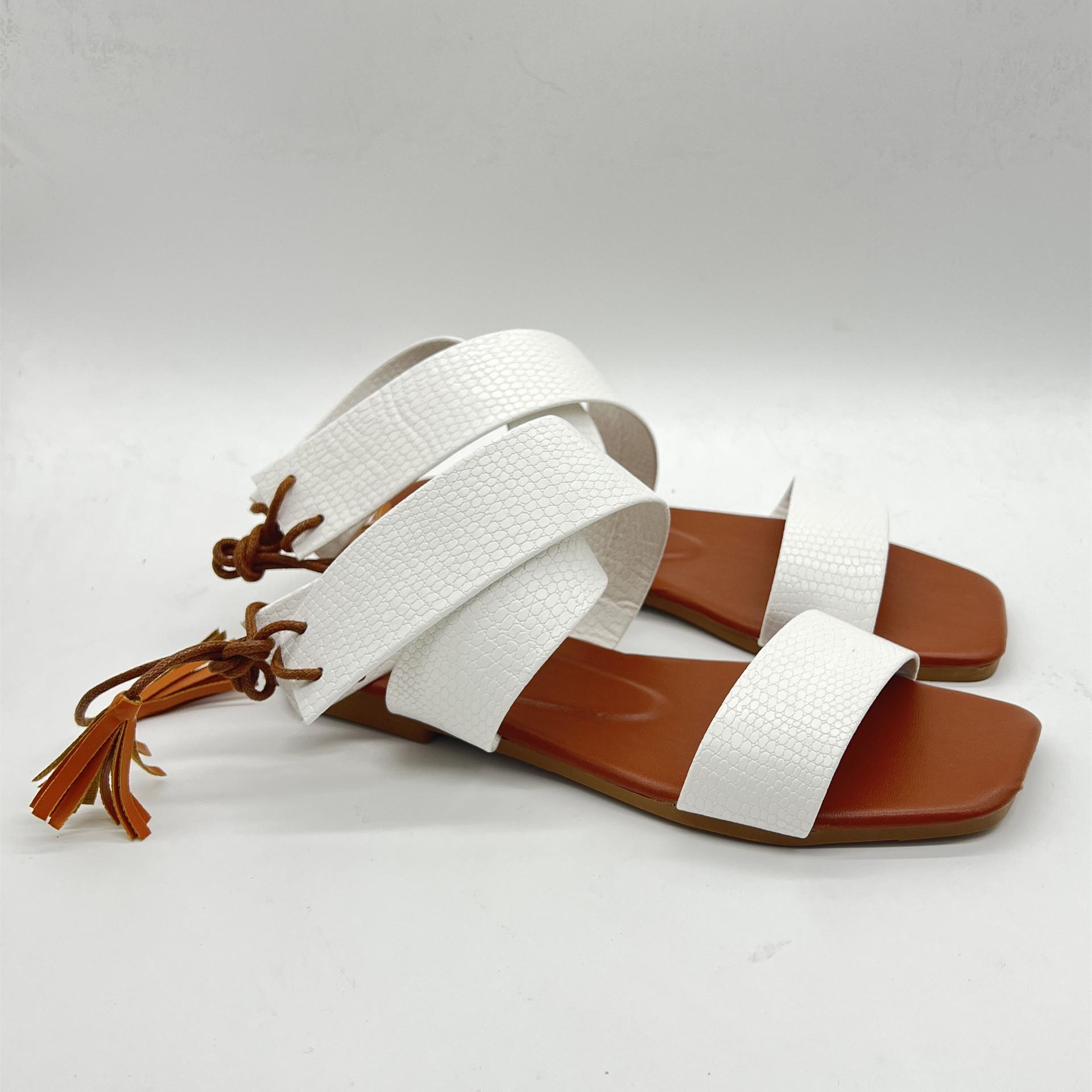 

2024 summer new flat-bottomed straps fringed square head fish mouth Roman sandals large size sandals women 35 белый