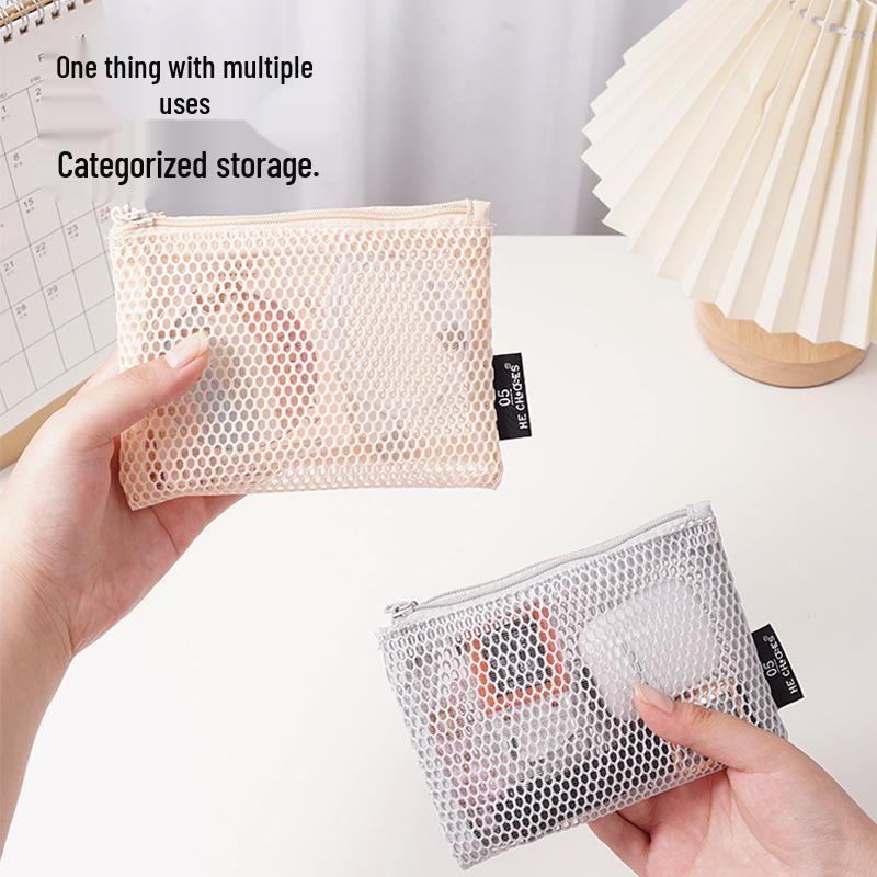 Dopamine Double-Zipper Women's Travel Makeup Bag: Portable Mesh Organizer for Cosmetics and Touch-Ups