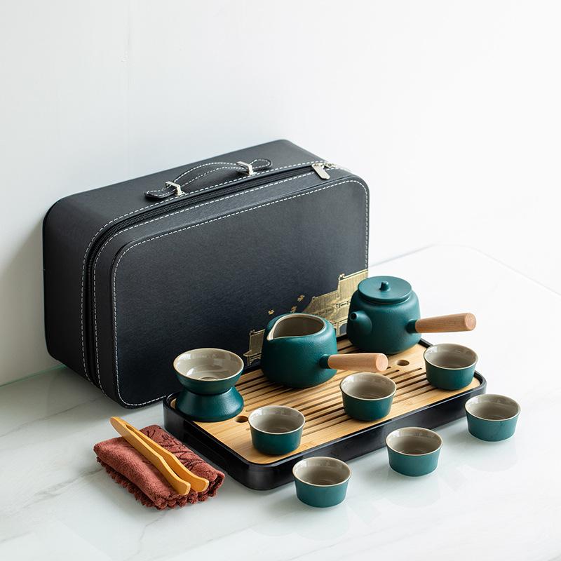 Japanese travel kung fu tea set small set household simple teapot ceramic teacup outdoor tea tray portable bag