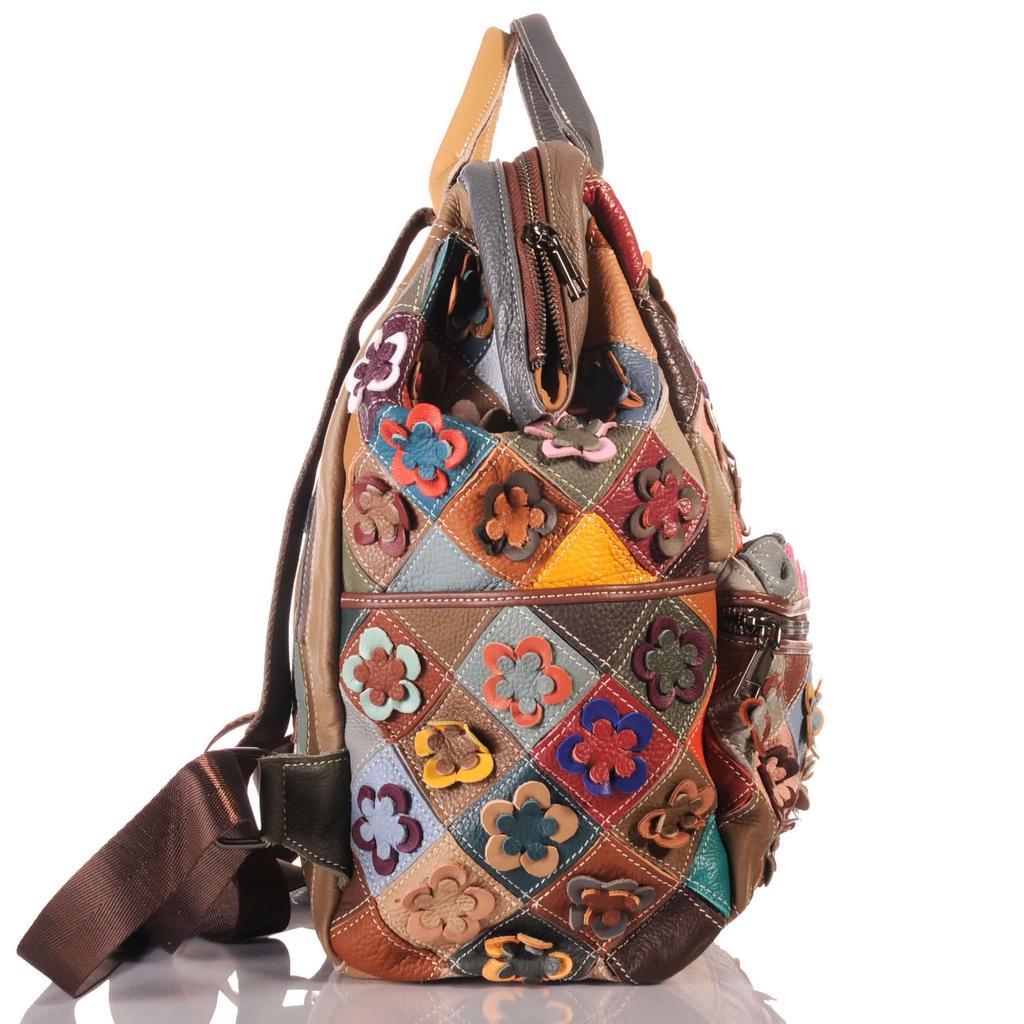 Damen Patchwork Leder Rucksack groß – Blumen Unikat