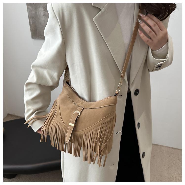 Korean Style Suede Faux Leather Square Bag Tassel Fringe Crossbody Shoulder Purse for Women