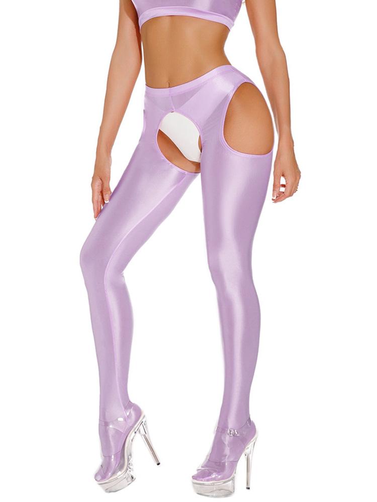 Sexy Satin Oil Shiny Pencil Pants Elastic Hollow Out Tight Sheer See Through Leggings Dance Candy Color Leotard Crotchless