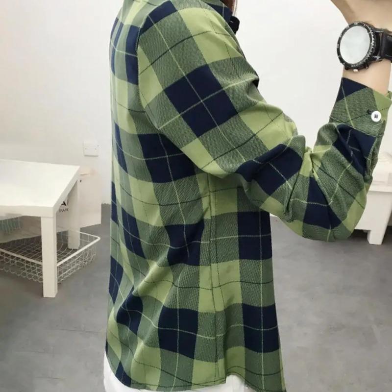 Women Shirt Long Sleeve All Match Single-breasted Casual Soft Dressing Up Polyester Plaid Print Women Shirt Top Female Clothing