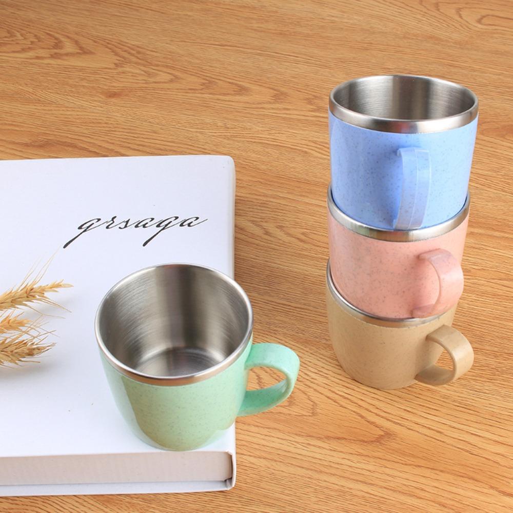 304 Stainless Steel Tea Mugs Plastic Handle Children Milk Cup Double Layer Coffee Cups Kids