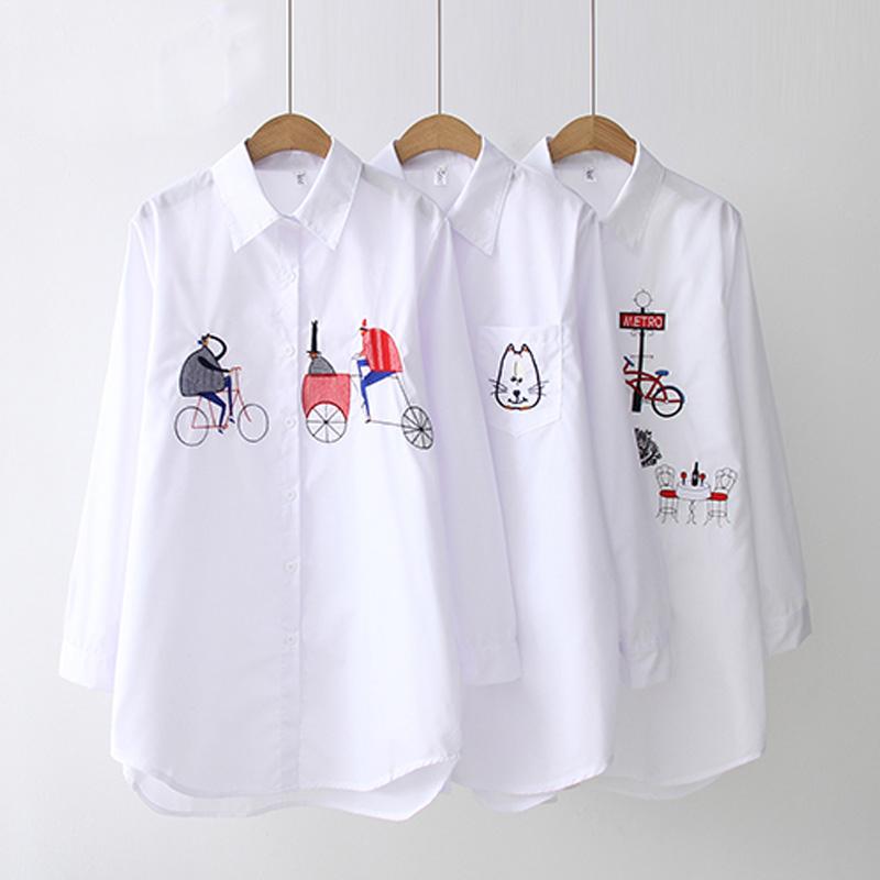 White Women Blouse 2023 Long Sleeve Cotton Embroidery Blouse Lady Casual Button Design Turn Down Collar Female Shirt  5083