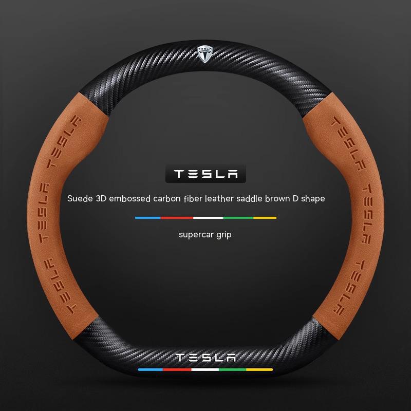 ALA1 Tesla Model 3 Model Y Model S Model X Roadster Suede Carbon Fiber Anti-slip Breathable Car Steering Wheel Cover Auto Accessories