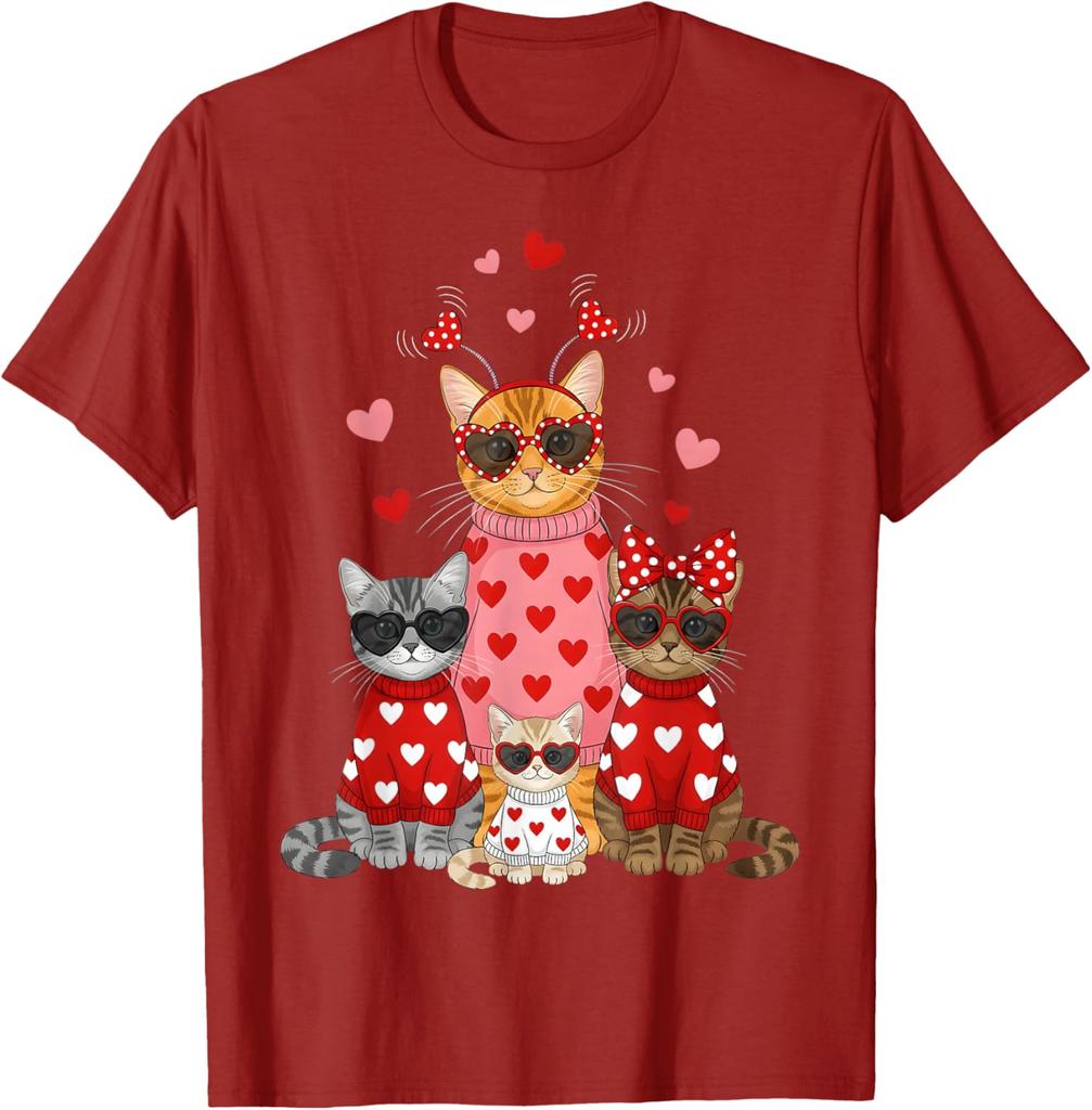 Lustiges Valentinstag Katzen Familie Grafik T-Shirt Niedliche Kätzchen Liebhaber Rundhals T-Shirt