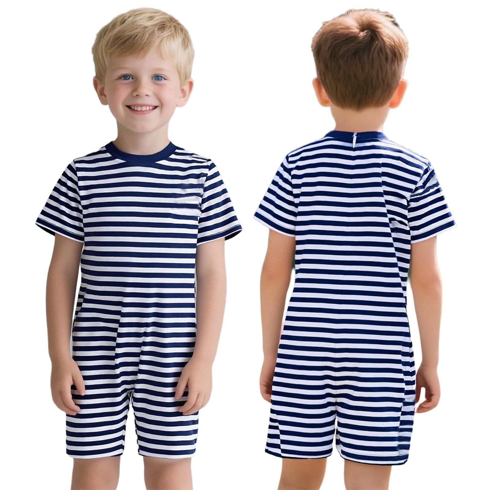 

Easy-Dress Anti-Strip Jumpsuit for Children with Special Needs: Soft Cotton, Back Hidden Zipper, Thigh-Length Striped Romper 7-8 Years темно-синього кольору