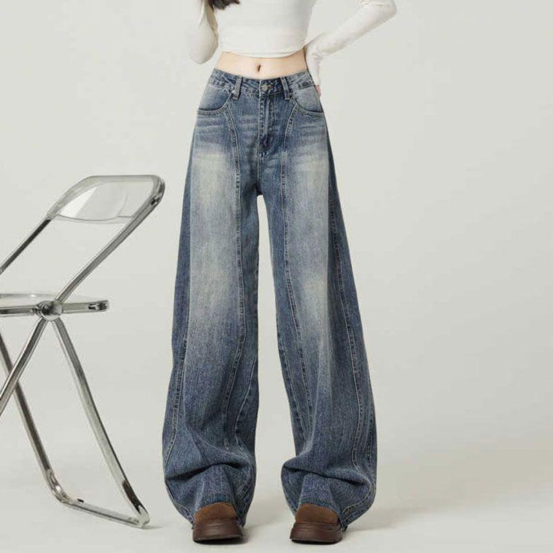 Women's High Waist Wide Leg Denim Pants Retro Blue Loose Casual Streetwear Jeans
