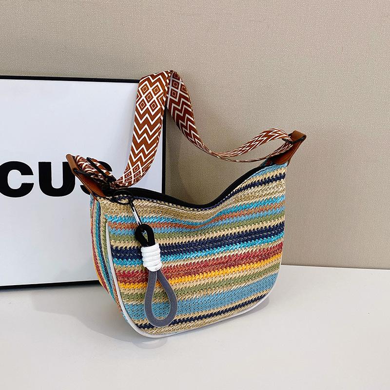 

Модная радужная соломенная сумка Женская 2025 Новая модная сумка-багет на плечо Универсальная вместительная сумка-мессенджер single package коричневый