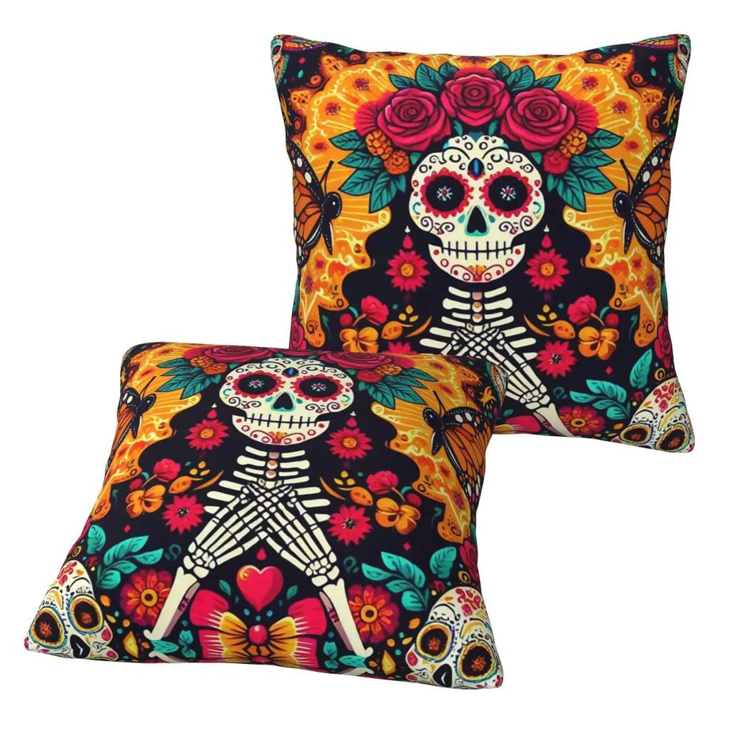 Mexican Sugar Skulls And Flowers 2 Pcs Square Pillowcase Pillow Cover Cushion Decor Comfort Throw Pillow For Home Sofa
