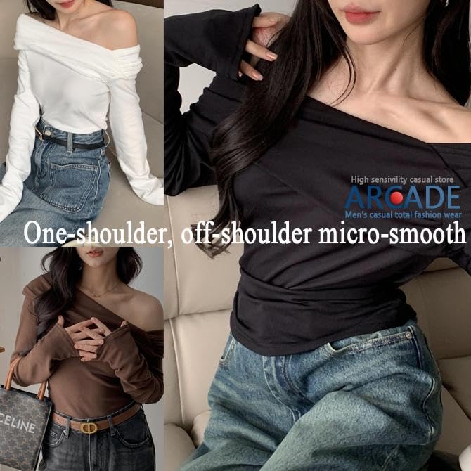 Arcade Soft Micro Smooth Long Sleeve Free White Women's Off-the-Shoulder One-Shoulder T-Shirt, Size,