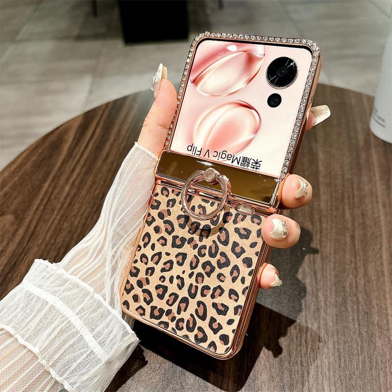 For Honor Magic V Flip 5G Case Leopard Pattern Ring Holder Rhinestone Hard PC Phone Cover