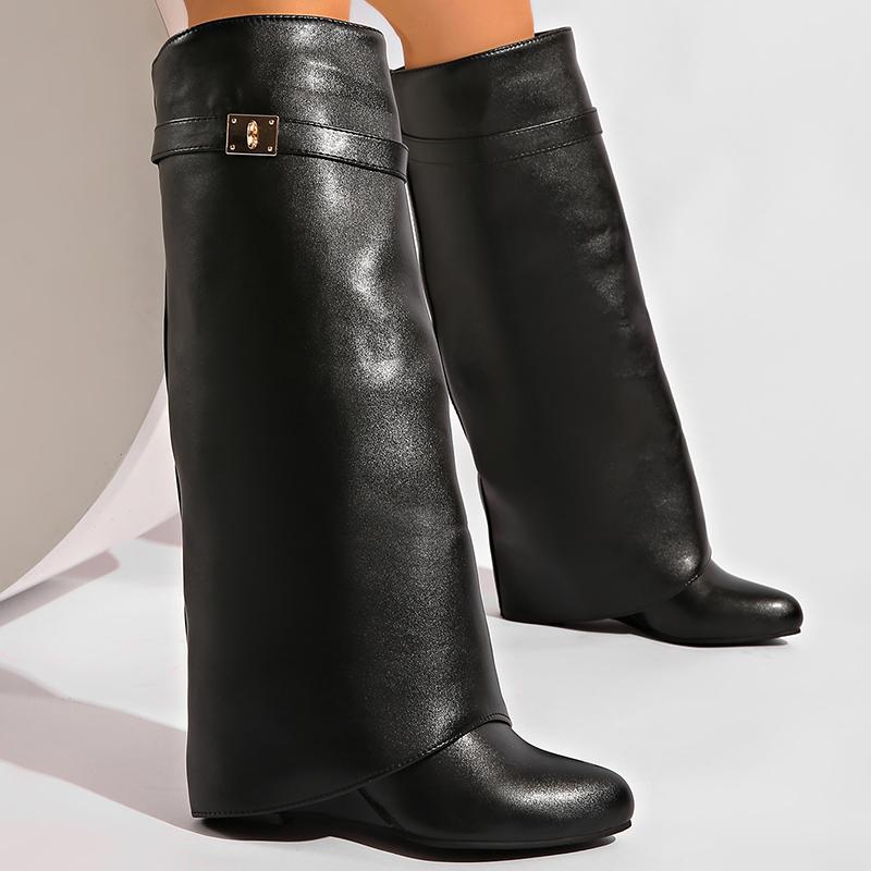 

2025 New Black Pu Long Boots Women Winter Sexy Pointed Toe High Heel Knee-High Boots Metal Decoration Designer Woman s Y2K Shoes 42 чёрный