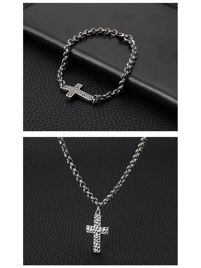 Korean Style Stainless Steel Cross Necklace & Men's Titanium Steel Bracelet Set