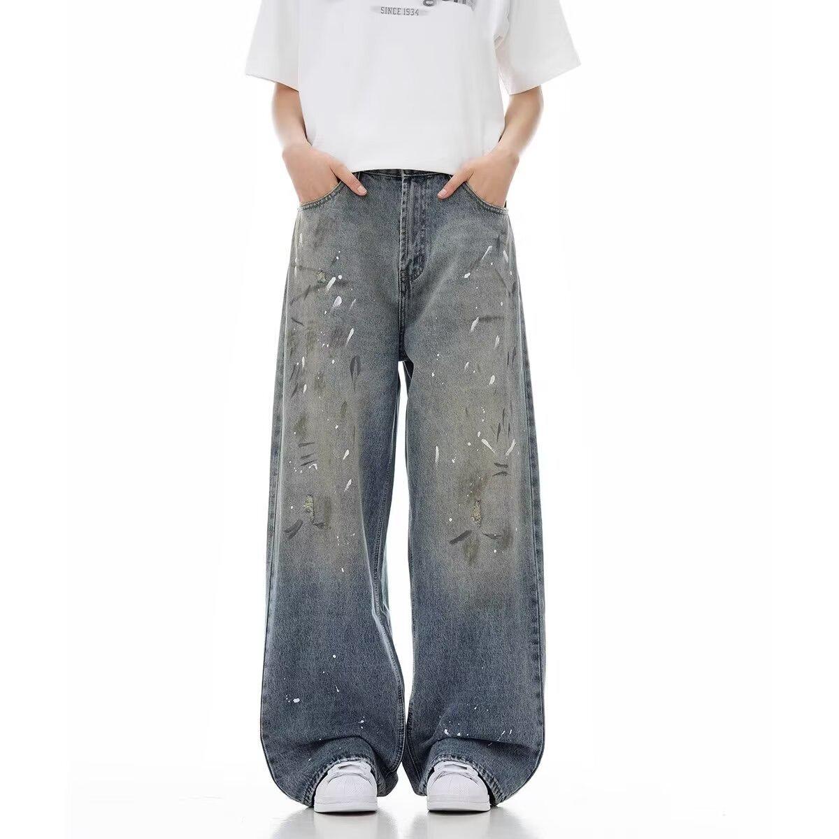 

Unisex Retro Distressed Jeans: Ink-Splash, Loose Straight-Leg Style Medium