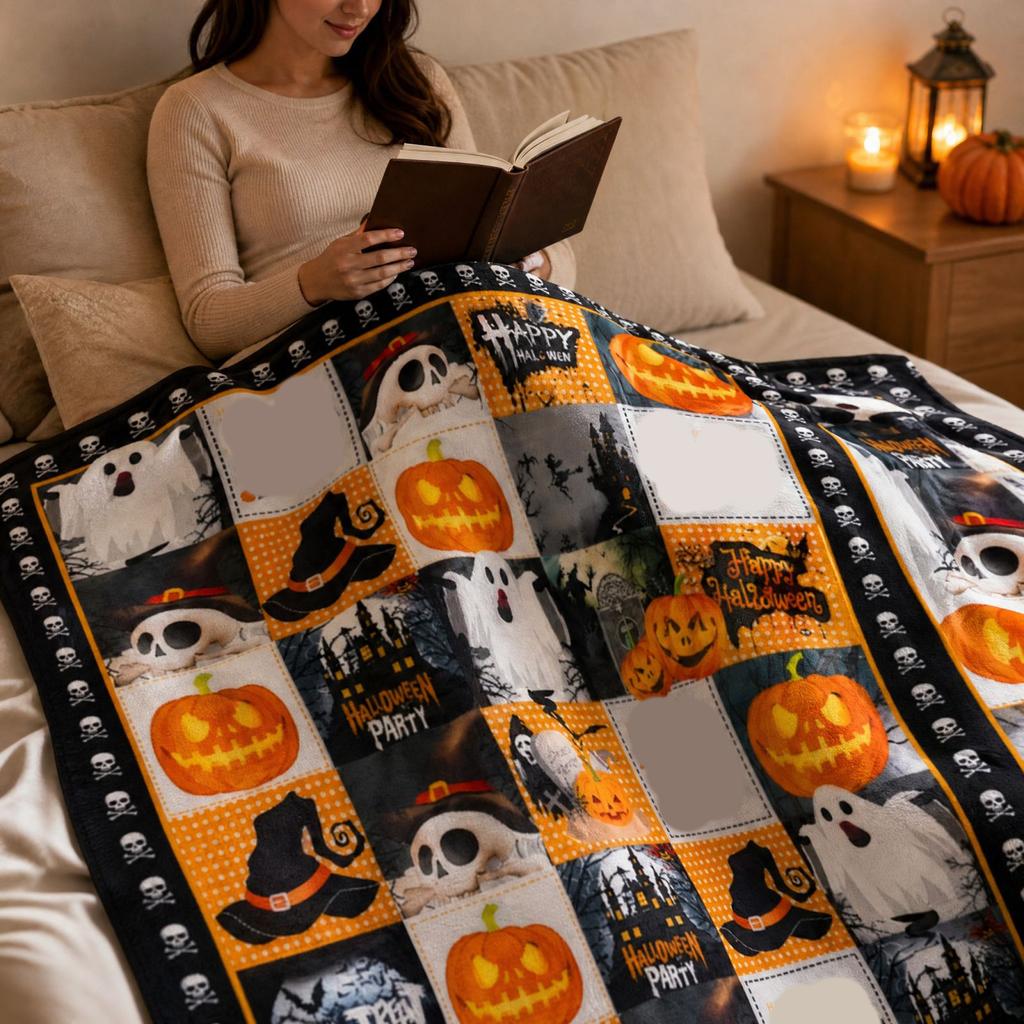 Halloween Flannel Blanket with Single-Sided Print for Couch Bed Sofa