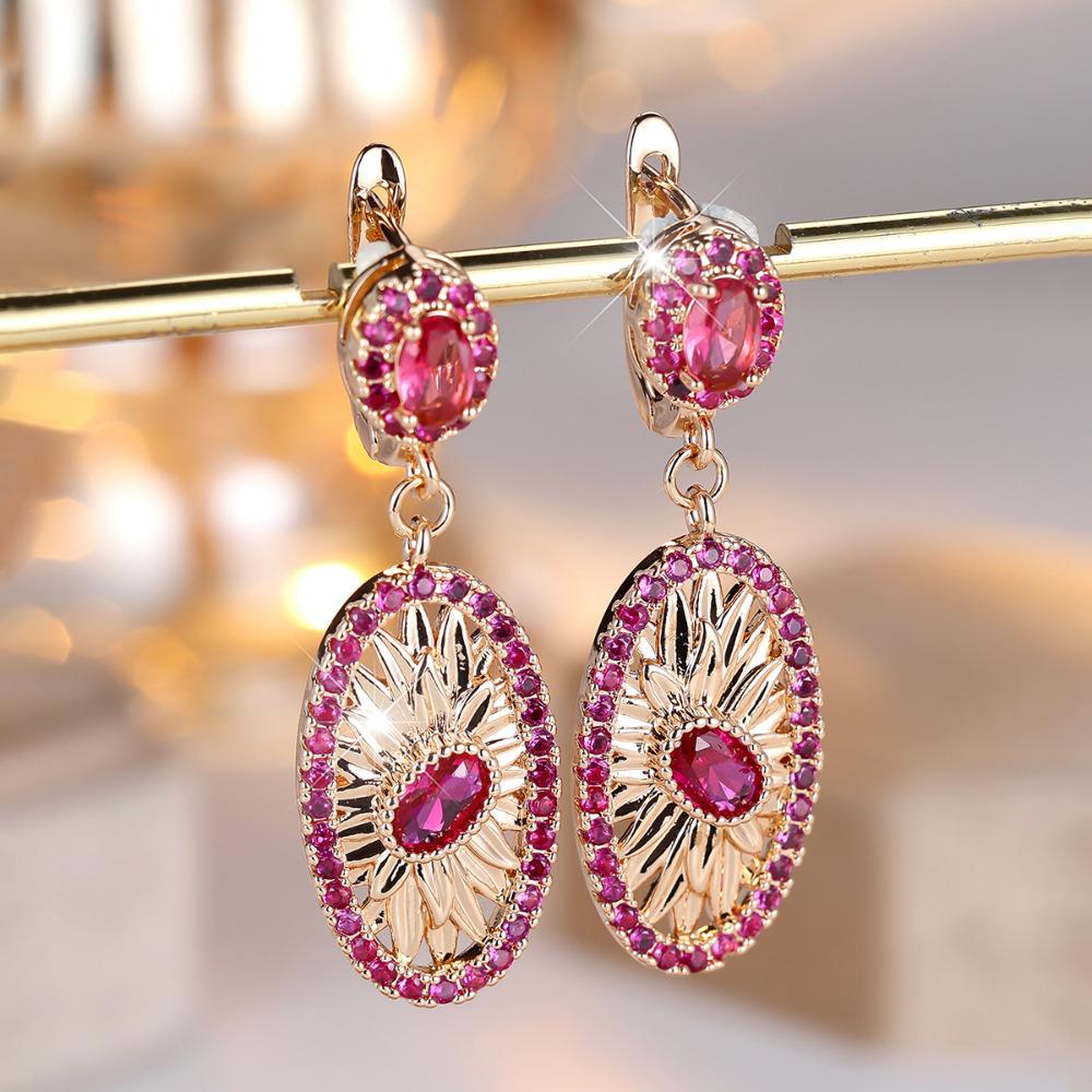 Cercei Lungi Luxoși cu Flori din Zirconiu Cubic Roșu Trandafiriu pentru Femei, Culoare Aurie Vintage, Bijuterii Accesorii pentru Petrecere, Banchet