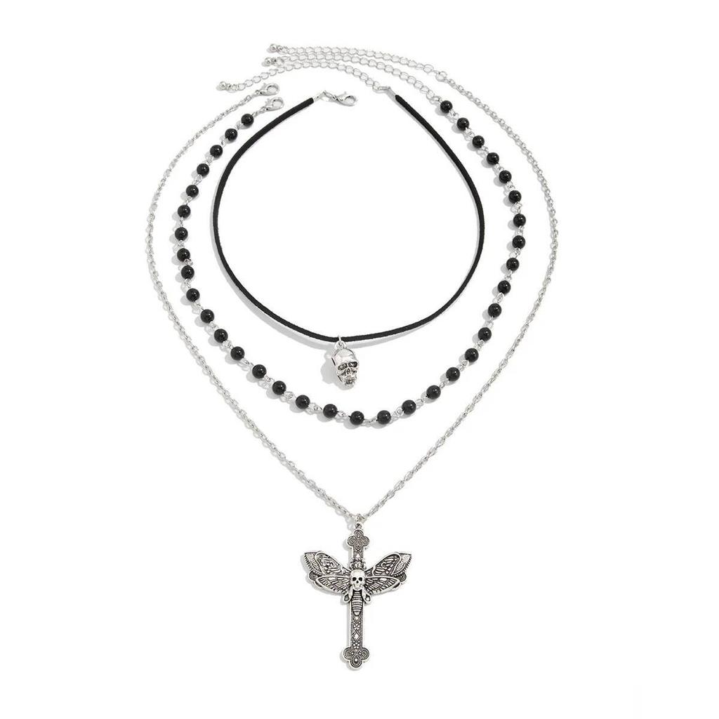 Salircon 3 Pcs/set Goth Skull Cross Pendant Necklace Women Vintage Silver Color Metal Chain Black Bead Choker Jewelry Accessory