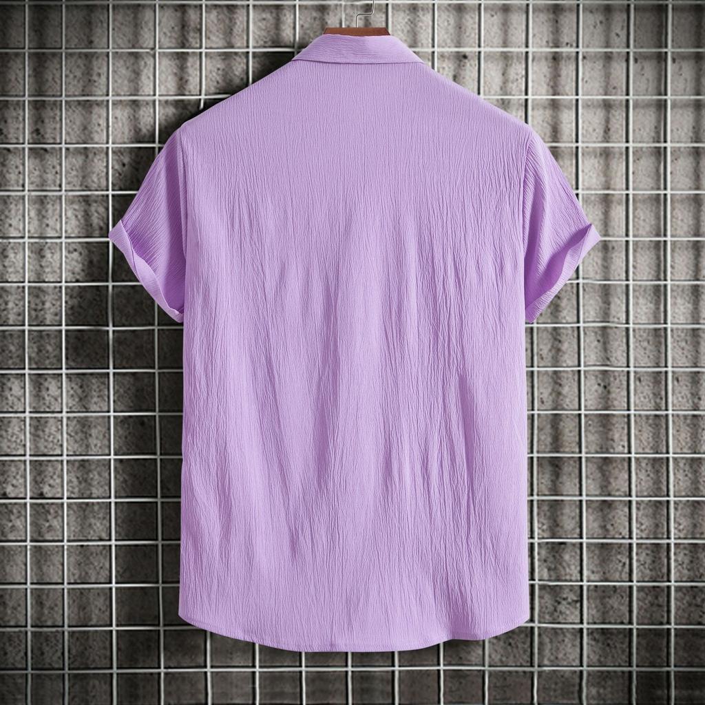 Summer Cotton Linen Shirt for Men's Lapel Loose Solid Color Hide Button Up Short Sleeve Shirts