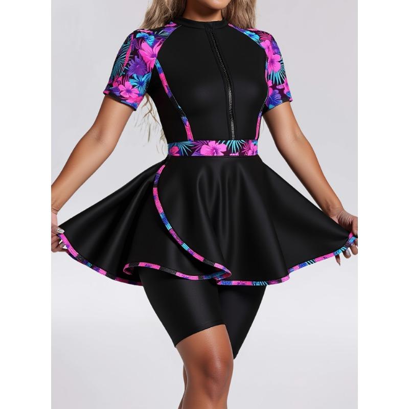 Women s Floral Print Long Sleeve Zipper Front Swim Dress With Shorts S