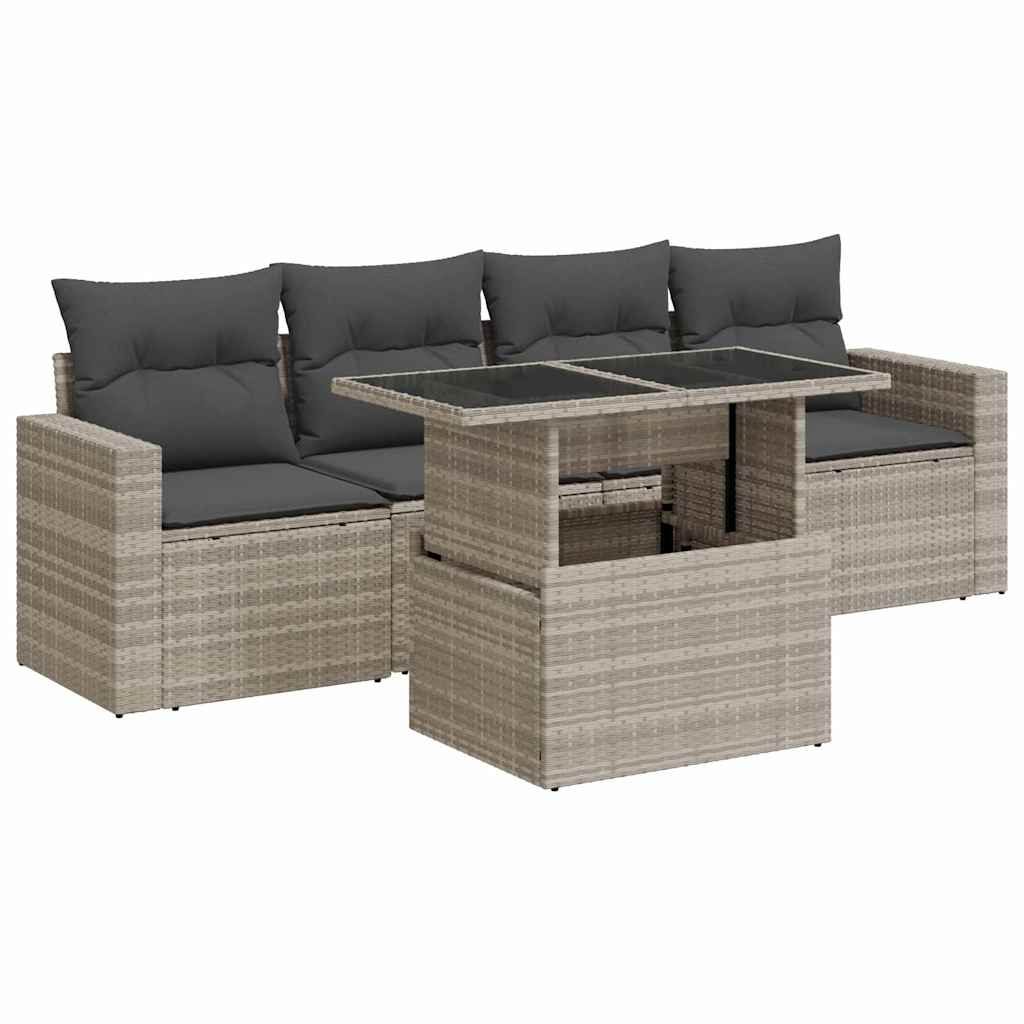 5 Piece Garden Sofa Set with Cushions Light Grey Poly Rattan