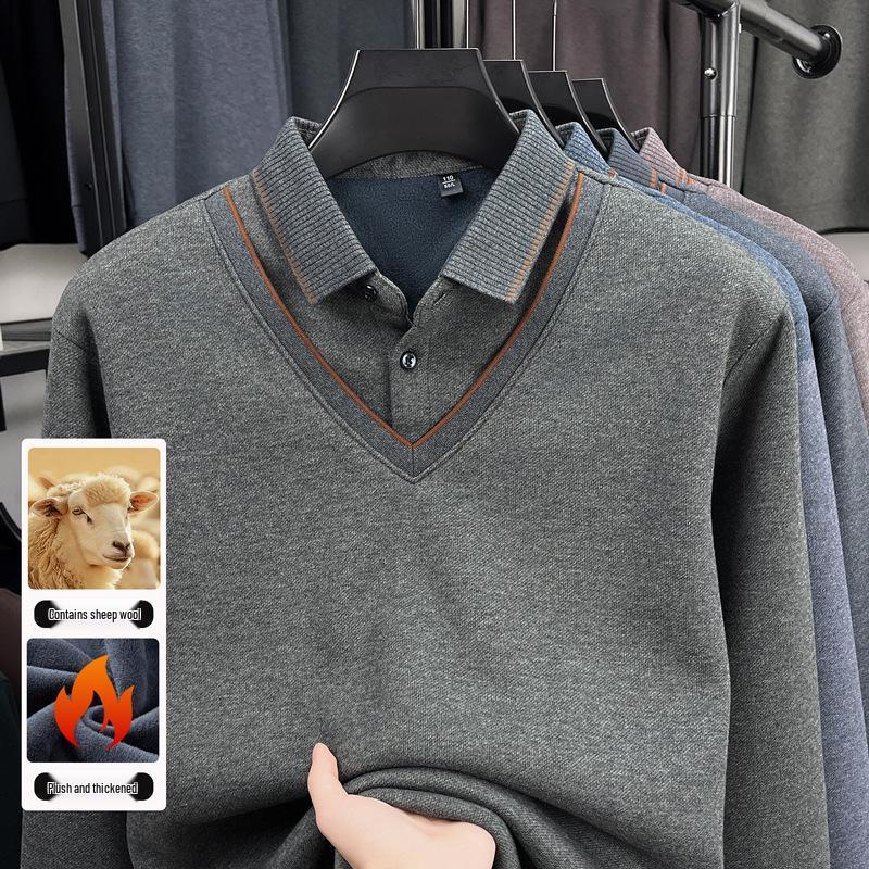 Herren Herbst/Winter Verdickter Samt Wolle Revers Zweiteiliger Lagenpullover für Mittleres und Älteres Alter