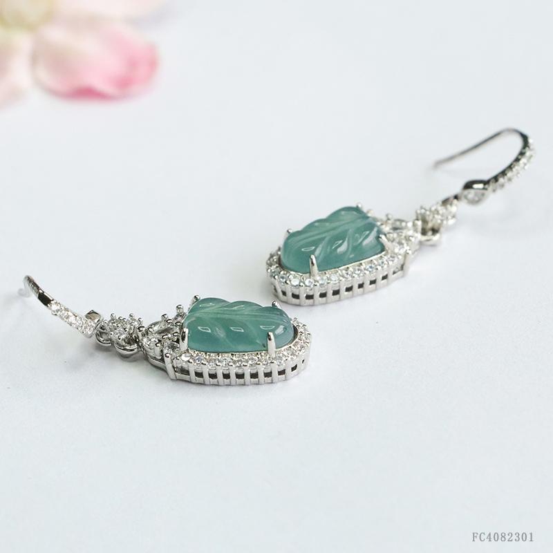Leaf Shape Natural Stone Jade Earrings Silver Plated Myanmar Jade Earrings Full of Zircons Burma Jadeite Drop Earrings for Women