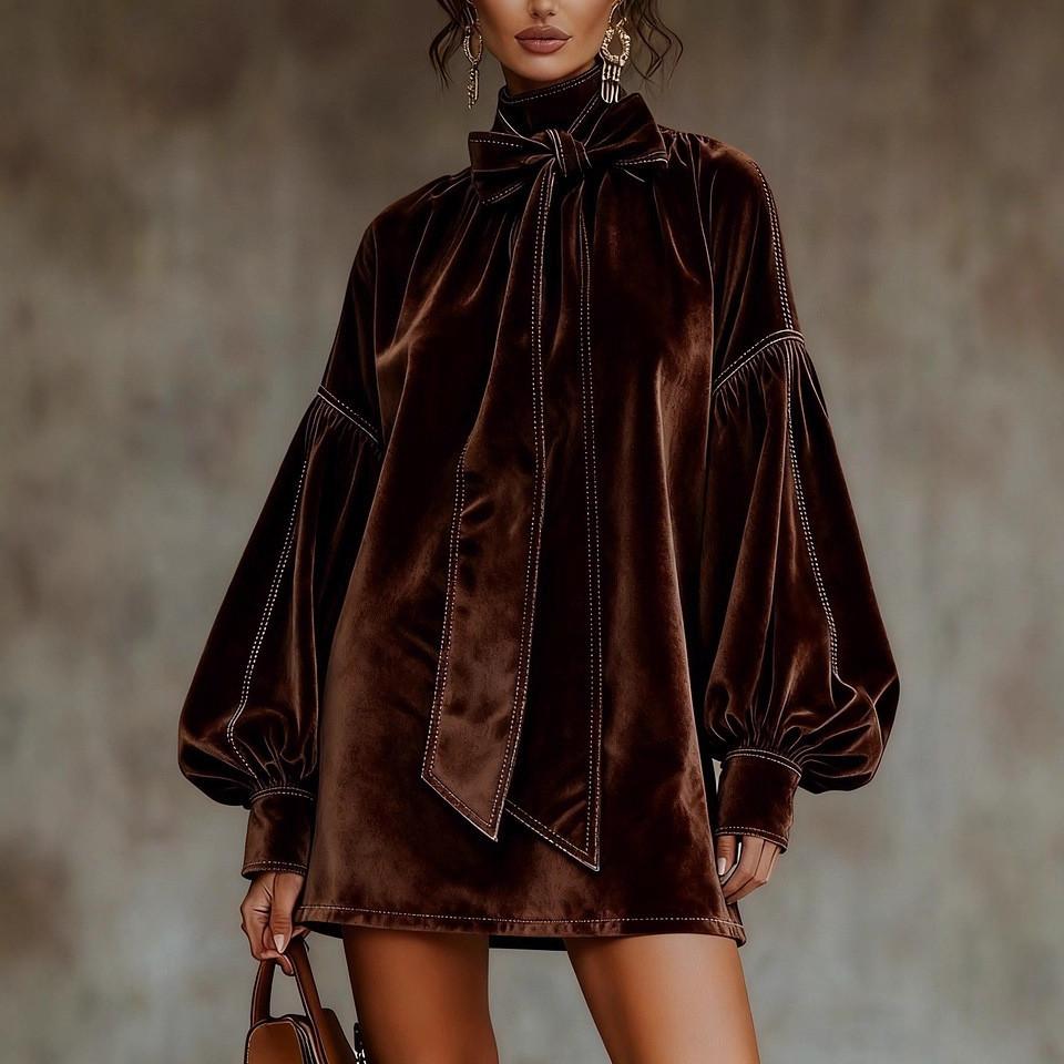 Velvet Butterfly Bow High Neck Dress With Ruffled Sleeves For Casual Office Wear