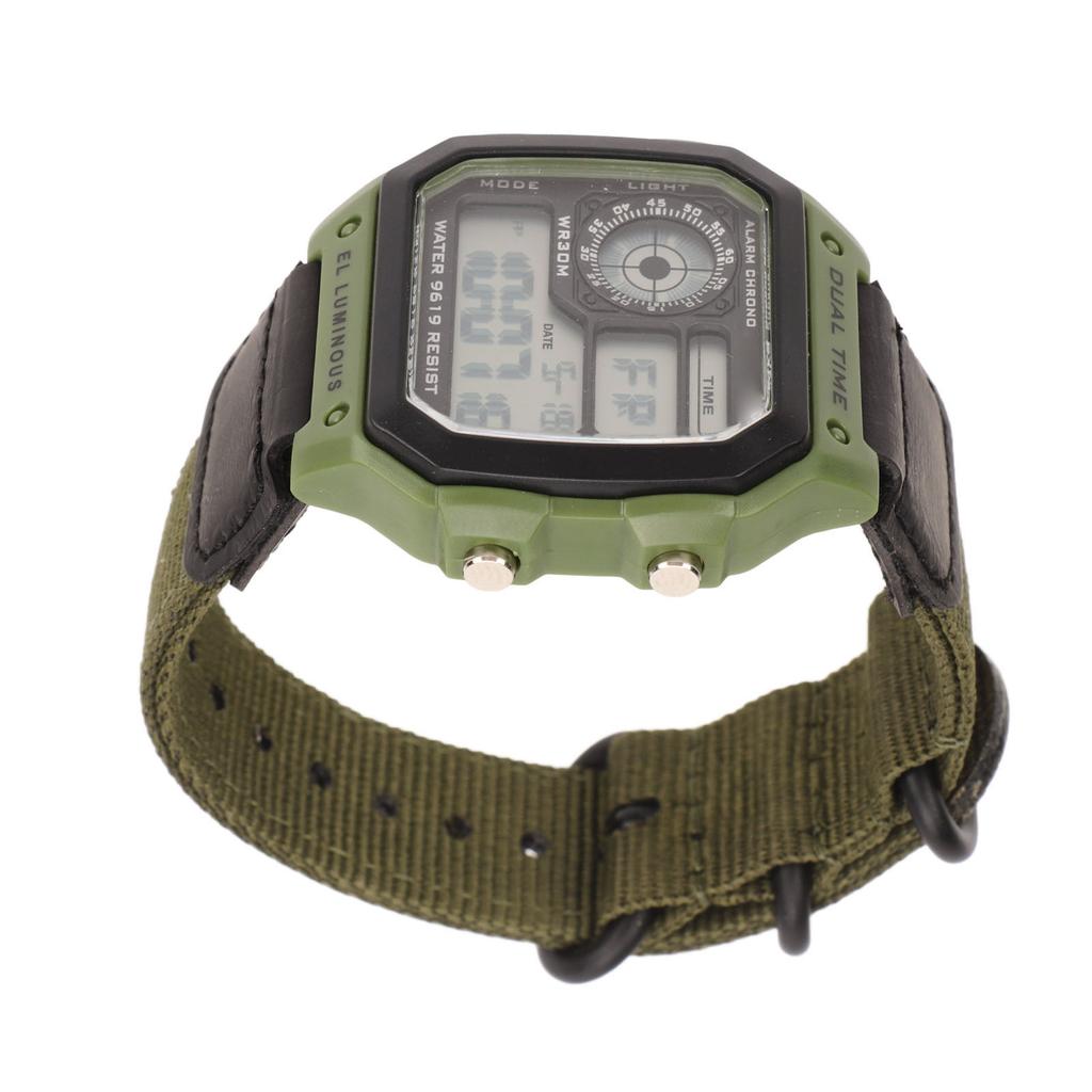 Digital Sport Watch Canvas Strap Luminous Waterproof Retro Sport Watch for Outdoor Sports Green