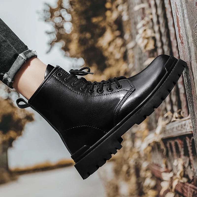 Fashion High Brand Mens Lace Up Motorcycle Boots Comfortable Ankle Boots Fashionable Male Side Zipper High Top Shoes Travel Biker Botas