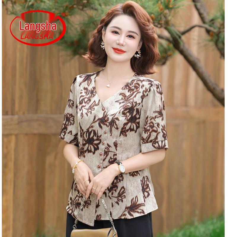 LangSha Mid-Aged Women s Floral Chinese Style T-Shirt 2XL