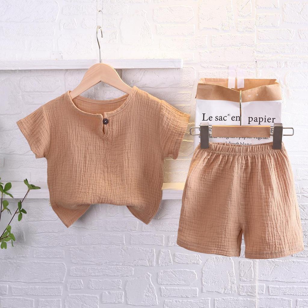 Boys' Cotton Linen Short Sleeve Set, Ages 0-5 - Summer Korean Style Casual Wear, Breathable for Southeast Asia
