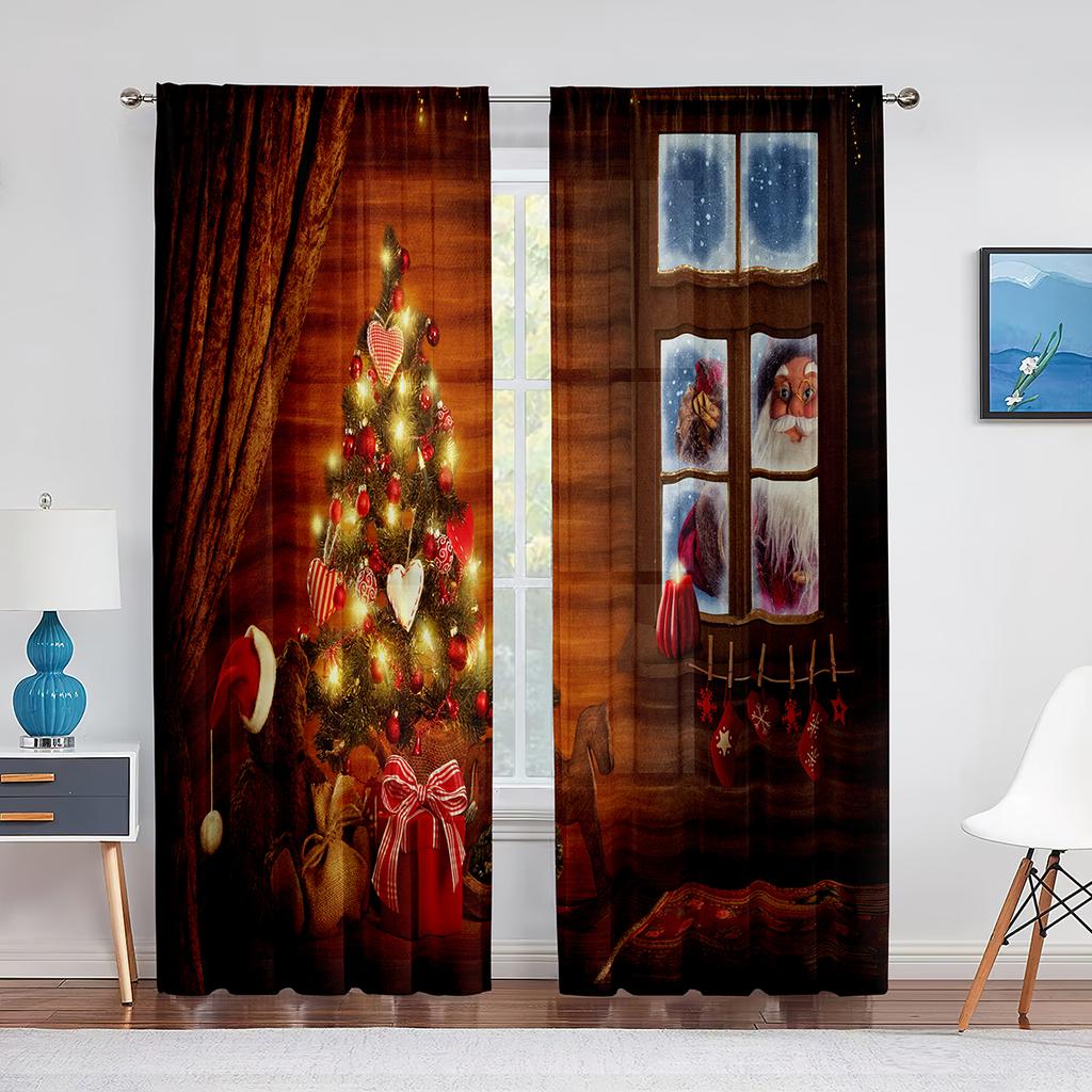 Christmas Scenery Santa Delivering Presents Sheer Voile Curtain Elk Window Tulle Curtains for Living Room Kitchen Bedroom Decor
