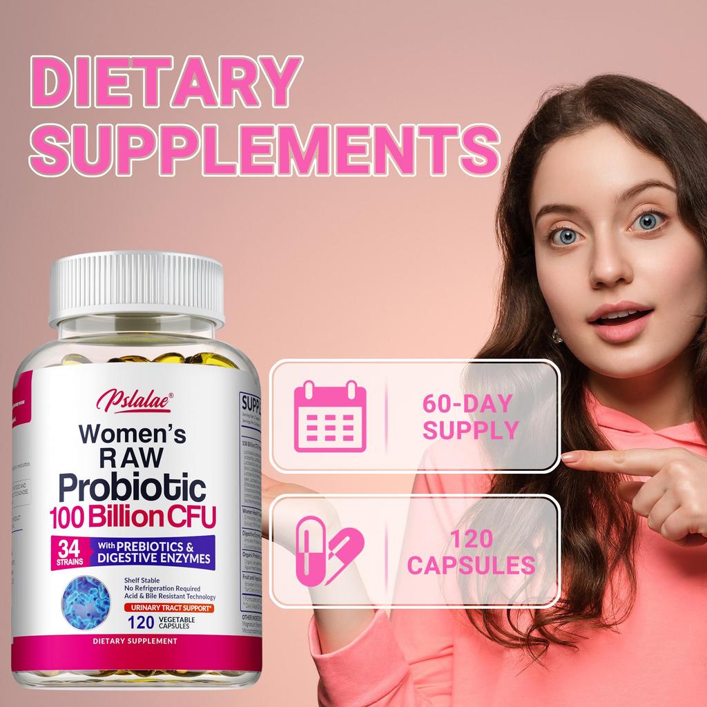 Pslalae Probiotic Enzyme Capsules, containing 34 strains, prebiotics, and digestive enzymes, support gut microbiota.